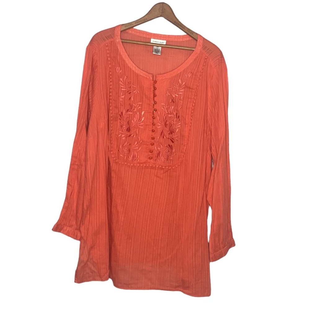 Chelsea Studio 28W Orange Pleated Embroidered‎ Pullover Popover Top Blouse Plus